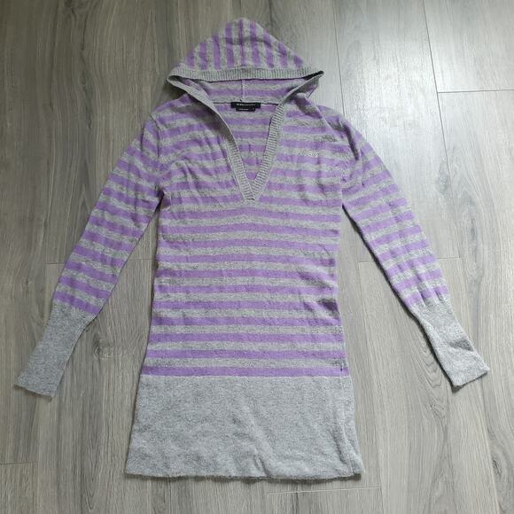 Y2K BCBG Hoodie Sweater Long Medium Purple Gray Stripe Angora Wool V Neck - Picture 1 of 9
